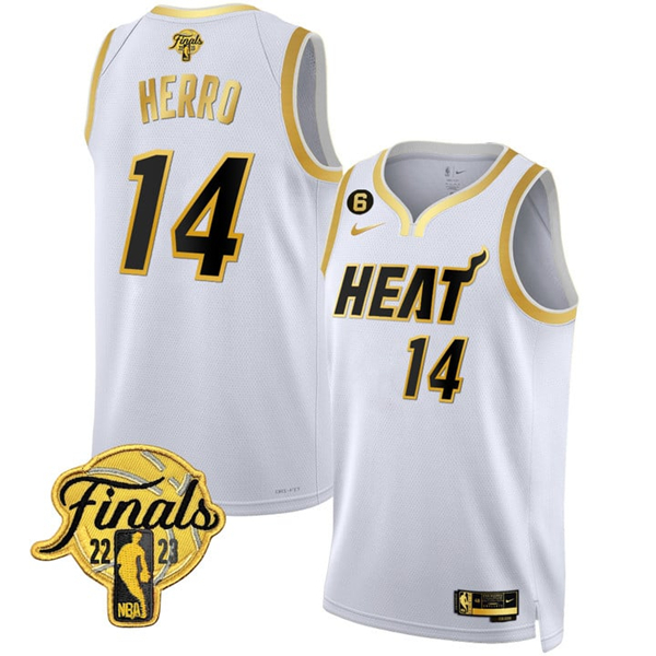 Men's Miami Heat #14 Tyler Herro White Gold Edition 2023 Finals Collection With NO.6 Patch Stitched Basketball Jersey